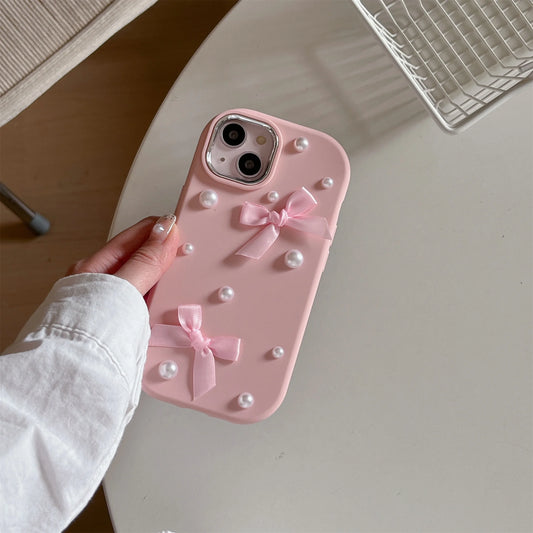 For iPhone 15 14 13 12 11 16 Pro Max Case 3D Pearl Bowknot Drop-proof Silicone Protective Cover With Pearl Bow Chain