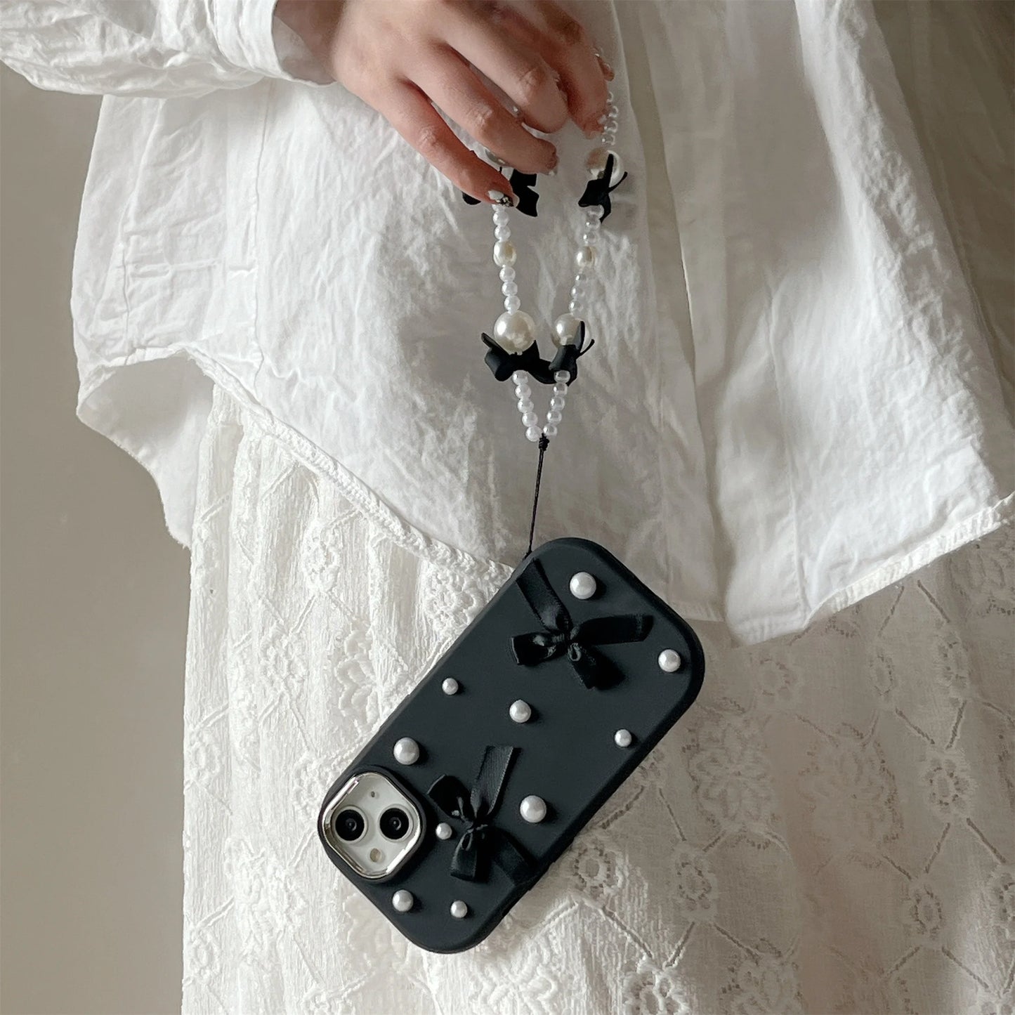 For iPhone 15 14 13 12 11 16 Pro Max Case 3D Pearl Bowknot Drop-proof Silicone Protective Cover With Pearl Bow Chain