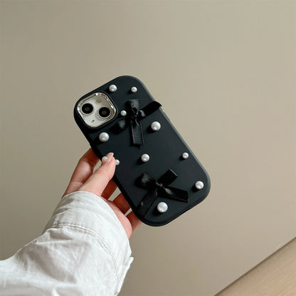 For iPhone 15 14 13 12 11 16 Pro Max Case 3D Pearl Bowknot Drop-proof Silicone Protective Cover With Pearl Bow Chain