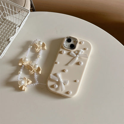 For iPhone 15 14 13 12 11 16 Pro Max Case 3D Pearl Bowknot Drop-proof Silicone Protective Cover With Pearl Bow Chain