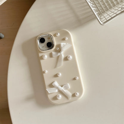 For iPhone 15 14 13 12 11 16 Pro Max Case 3D Pearl Bowknot Drop-proof Silicone Protective Cover With Pearl Bow Chain