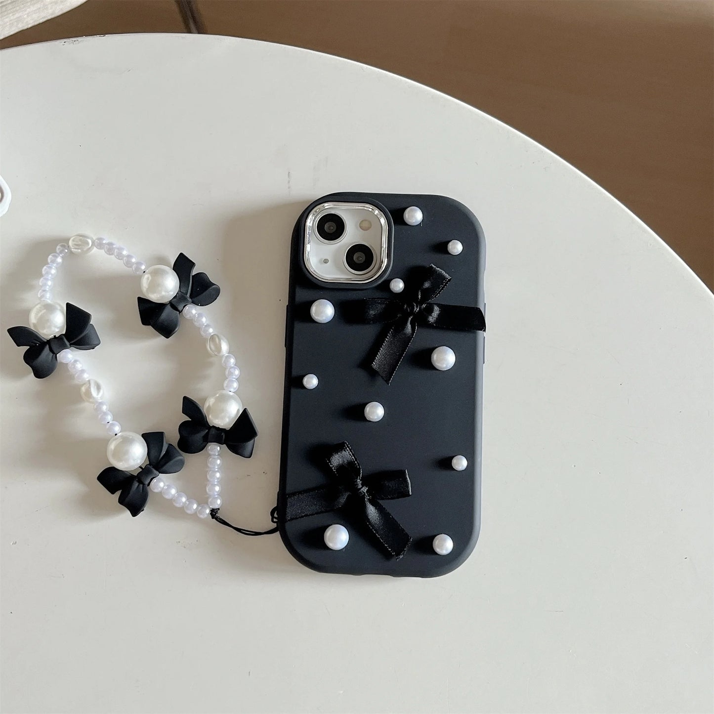 For iPhone 15 14 13 12 11 16 Pro Max Case 3D Pearl Bowknot Drop-proof Silicone Protective Cover With Pearl Bow Chain