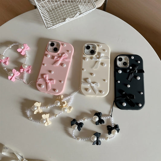 For iPhone 15 14 13 12 11 16 Pro Max Case 3D Pearl Bowknot Drop-proof Silicone Protective Cover With Pearl Bow Chain