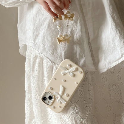 For iPhone 15 14 13 12 11 16 Pro Max Case 3D Pearl Bowknot Drop-proof Silicone Protective Cover With Pearl Bow Chain