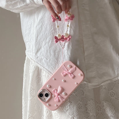 For iPhone 15 14 13 12 11 16 Pro Max Case 3D Pearl Bowknot Drop-proof Silicone Protective Cover With Pearl Bow Chain