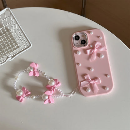 For iPhone 15 14 13 12 11 16 Pro Max Case 3D Pearl Bowknot Drop-proof Silicone Protective Cover With Pearl Bow Chain